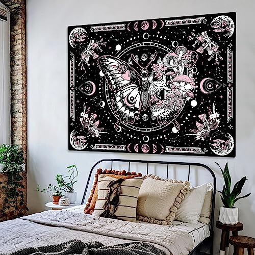 Pink Skeleton Butterfly & Mushroom Tapestry - Aesthetic Wall Hanging (48" x 36")