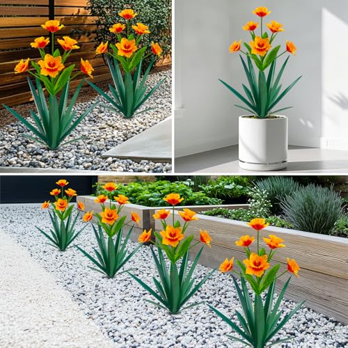 Metal Agave Plant Sculpture - 2 Pack Large Orange Garden Yard Art Decor