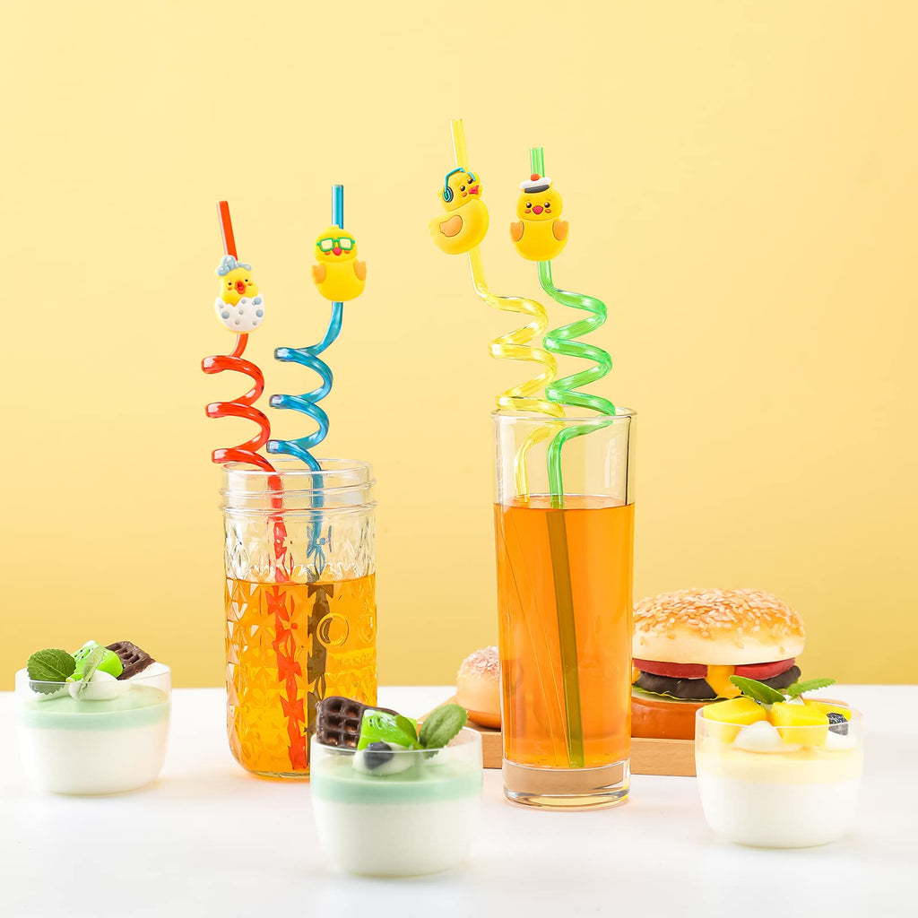 Honoson 24 Pcs Duck Straws Birthday Party Favors Drinking with 2 Pcs Cleaning Brushes Theme Reusable Plastic Silly 8 Designs(Bright Style)