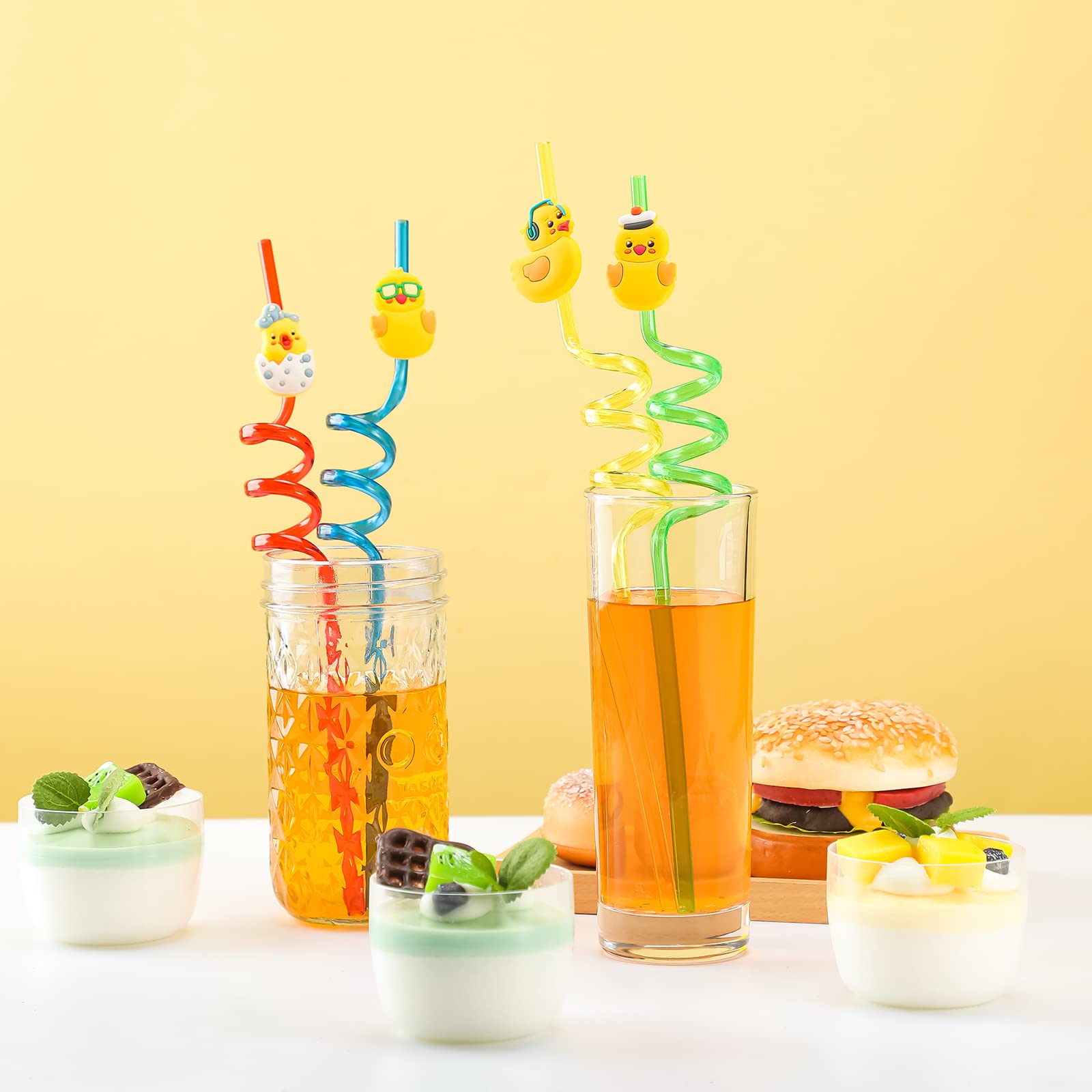 Honoson 24 Pcs Duck Straws Birthday Party Favors Drinking with 2 Pcs Cleaning Brushes Theme Reusable Plastic Silly 8 Designs(Bright Style)
