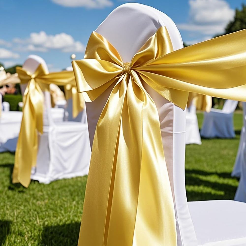 Skiennix Satin Chair Sashes Bows - 7x108 Inch Gold Ties for Weddings & Events | 50 Pack