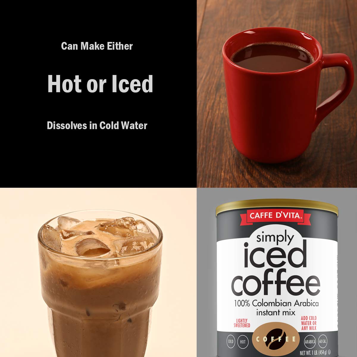 Caffe D'Vita Simply Iced Coffee - 100% Colombian Arabica Instant Mix, Latte Mix, Low Calorie Iced Coffee, Lightly Sweetened, Dairy Free, Instant Coffee Drink - 1 Lb Can