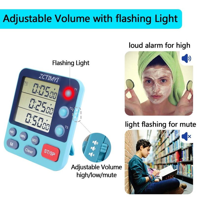 Dual Digital Timer for Kitchen Cooking, 3 Channels Count Down/Up Triple Timer for Kids, Presets Memort Large Display & Magnetic Back Adjustable Alarm Volume, Suit for Kids Teachers Studying, Blue