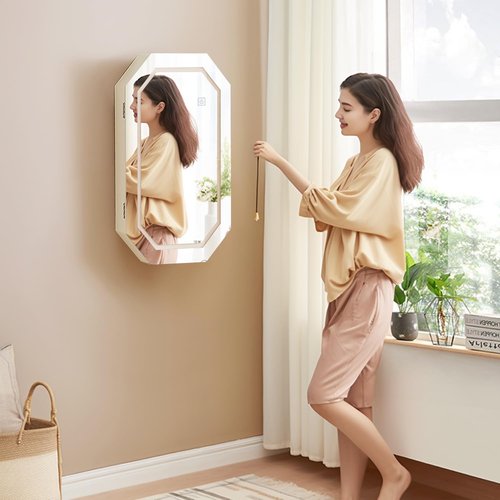 VECELO LED Jewelry Cabinet, Wall/Door-Mounted Jewelry Organizer with Frameless Lighted Mirror, Storage Hanging Cabinet, USB Port, 22.4 * 14.6 * 3.9 in, White