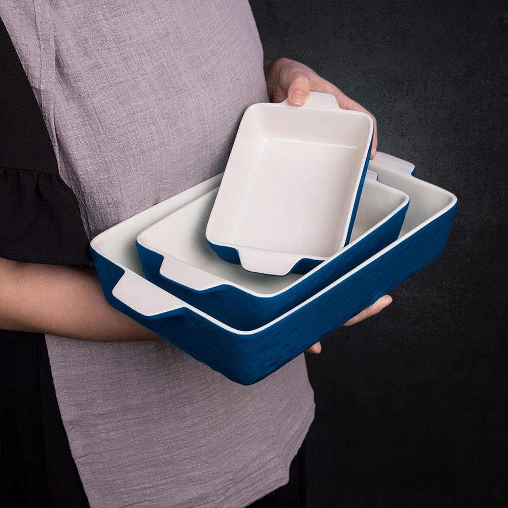 Regine Switzerland Casserole Dishes - Ceramic Baking Pan Set of 3 | Deep Lasagna Dish with Handles (11.6" x 7.8", Dark Blue)