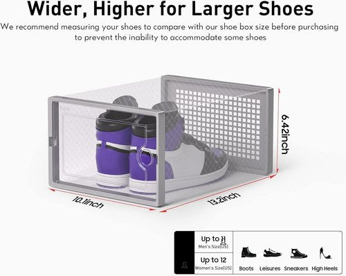 Kuject X-Large Shoe Storage Boxes - Clear Plastic Stackable Organizers | 12 Pack for Sneakers & Toys, Grey