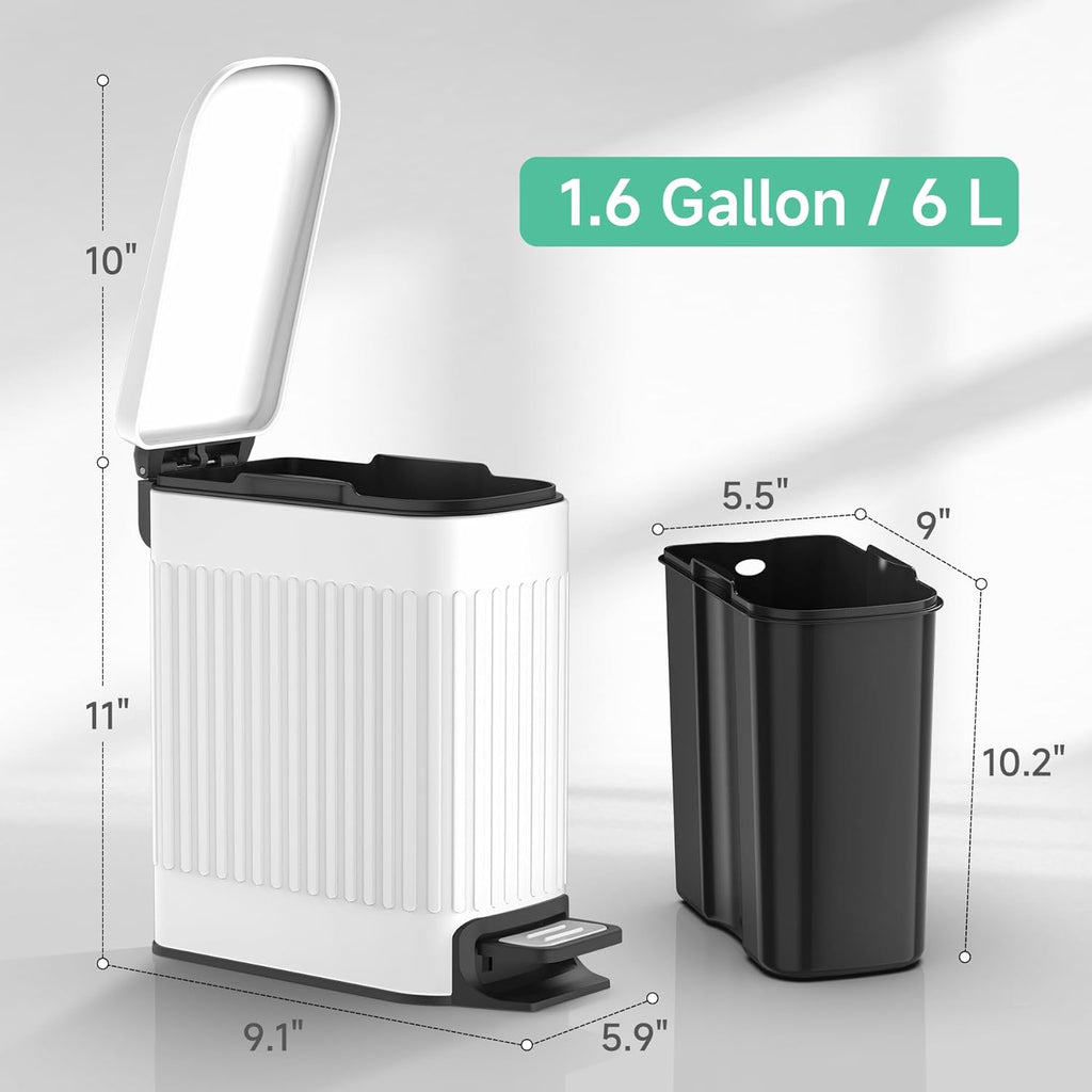 TIPGO Slim Bathroom Trash Can - Soft Close Lid & Step Pedal - 6 Liter Stainless Steel Bin (White)