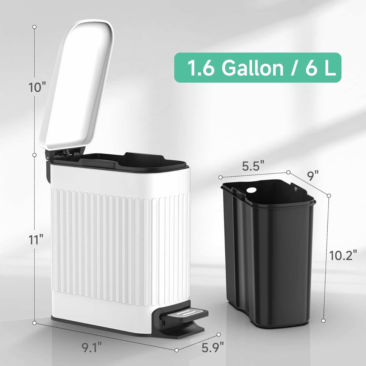 TIPGO Slim Bathroom Trash Can - Soft Close Lid & Step Pedal - 6 Liter Stainless Steel Bin (White)