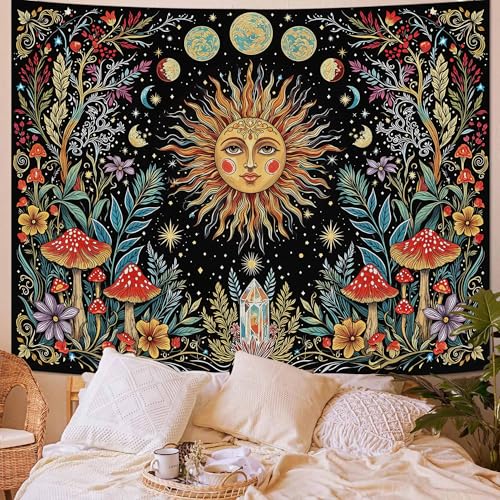 Boho Sun and Moon Wall Tapestry - Vintage Celestial Mushroom Wall Hanging