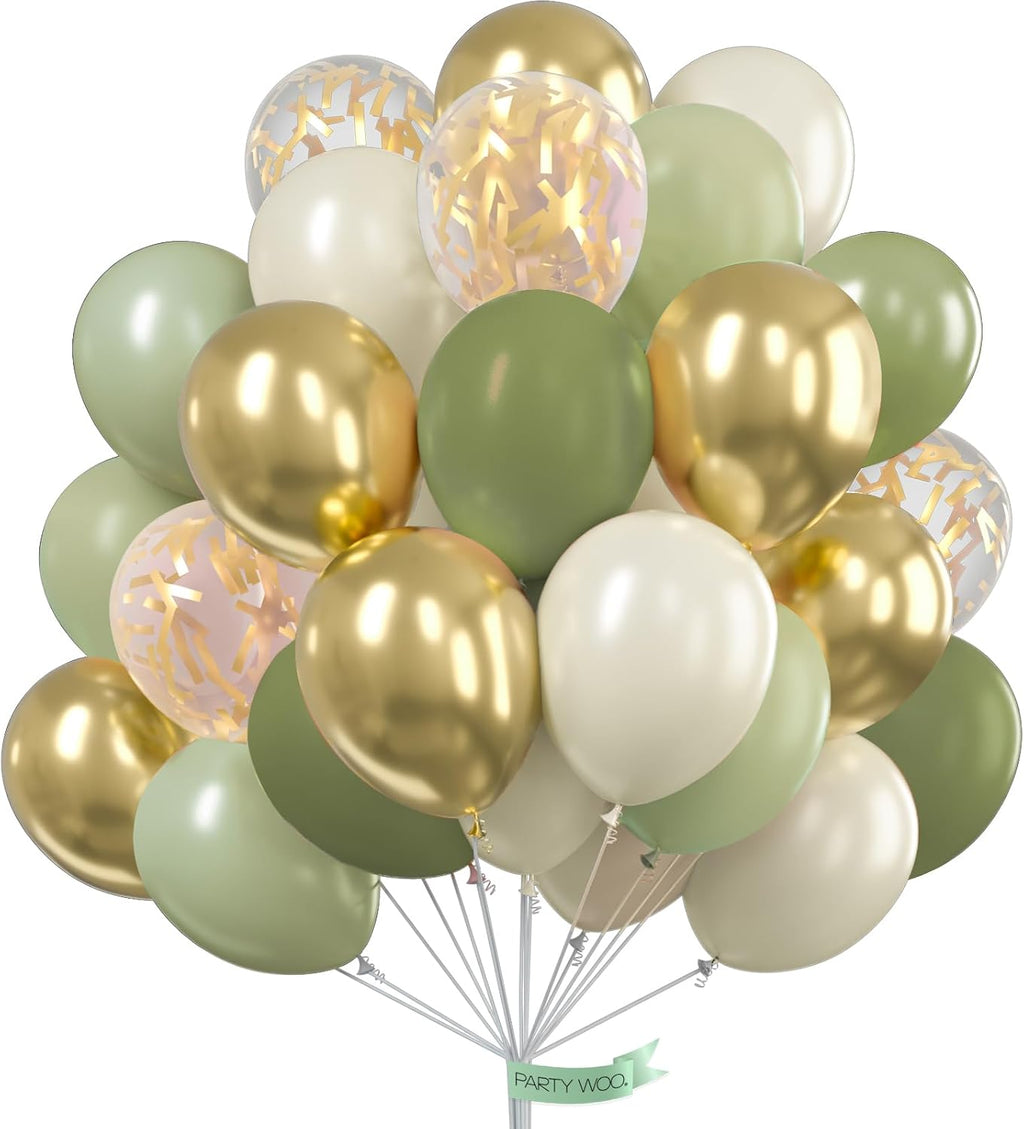 PartyWoo Sage Green Balloons - 100pcs 12 Inch Metallic Gold & White Confetti for Baby Shower & Weddings