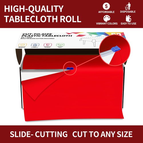 CXPSINC 54 Inch X 300 Feet Plastic Table Cover Roll Disposable Tablecloth with Slide Cutter for All Type/Shape Tables | Party, Banquet, Birthdays, Weddings(Red, 300 Feet)