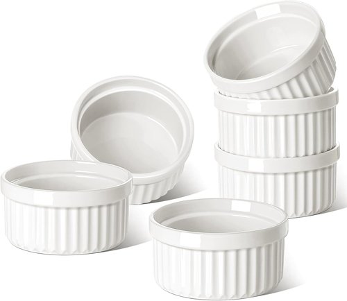 LE TAUCI Ramekins - 6 Oz Ceramic Soufflé Dishes | Oven Safe Custard Cups for Baking & Desserts - Set of 6, White