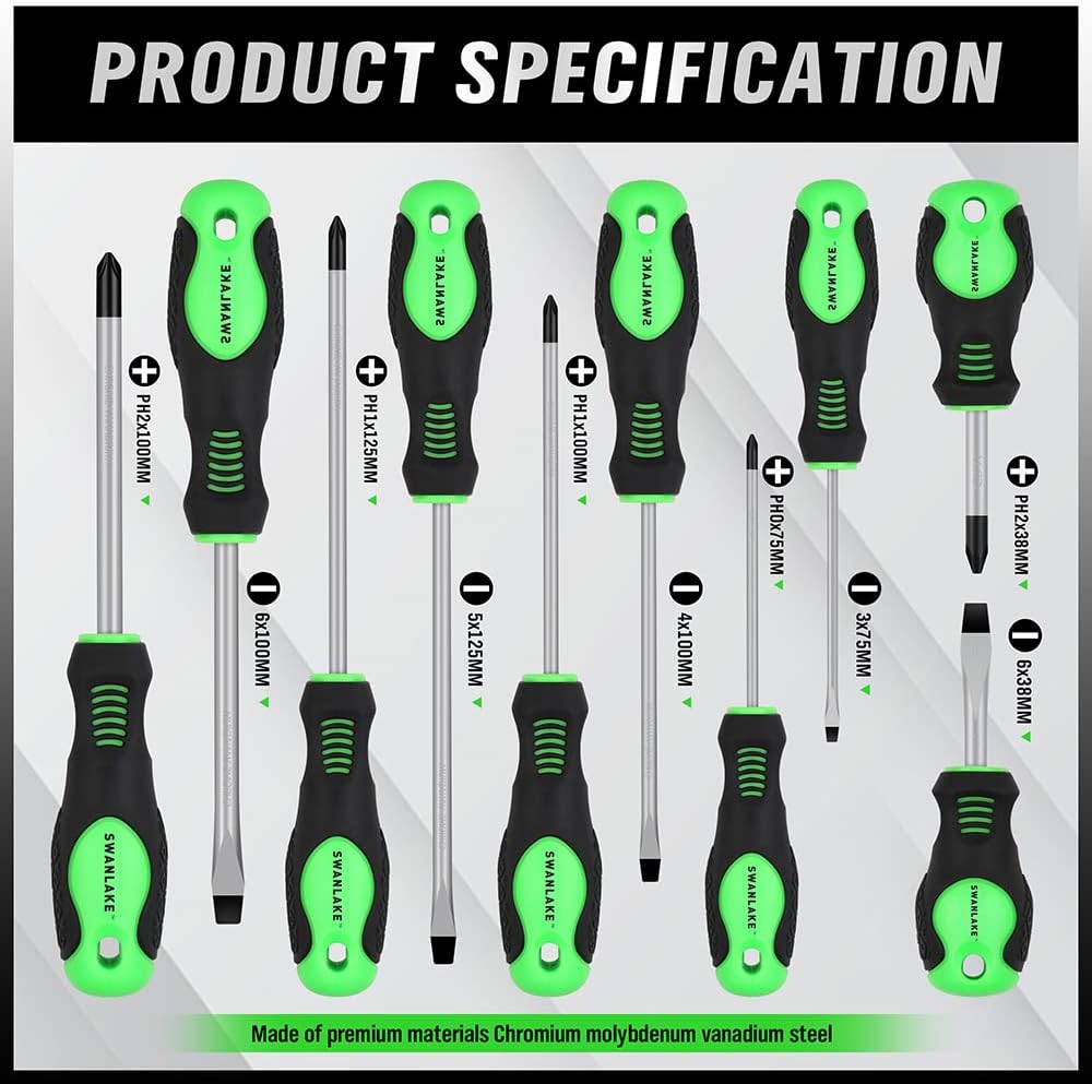 SWANLAKE 11PCS Screwdriver Set - Magnetic Phillips & Flat Head Tips for Easy Fastening & Loosening