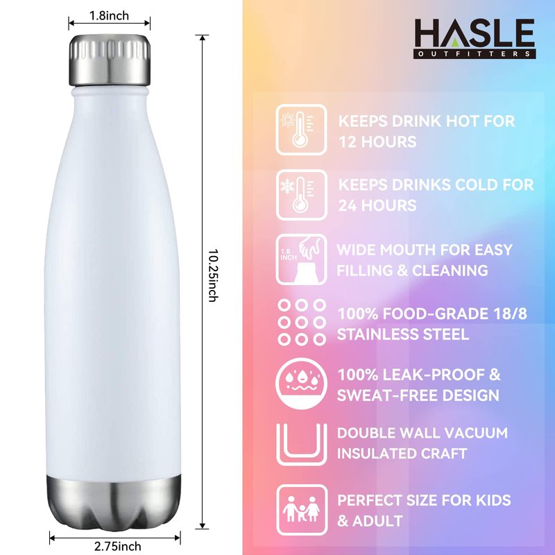 HASLE OUTFITTERS 17oz Stainless Steel Water Bottles, Vacuum Insulated Water Bottles Double Walled Powder Coated Reusable Metal Sports Water Bottles Keep Drinks Hot and Cold, White, 1Pack