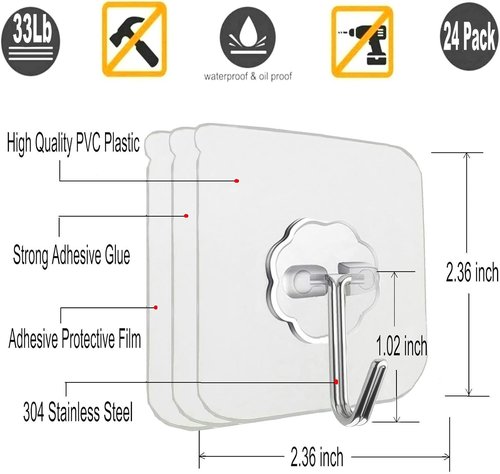 Jwxstore Heavy Duty Self-Adhesive Hooks - 33lb Max Capacity, Waterproof & Transparent | 12 Pack for Home & Outdoor Use