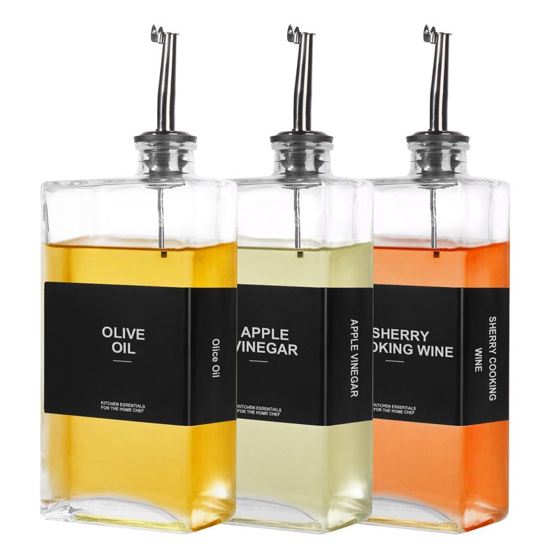OKYUK Olive Oil Dispenser Bottle for Kitchen Cooking, 16.9oz/500ml Soy Sauce Coffee Syrup Oil and Vinegar Dispenser Set, with Silicone Funnel, Labels (3PCS, Black)