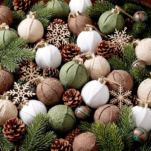 Rustic Burlap Christmas Ornaments Set - 12 Neutral Farmhouse Tree Decorations, Green, Beige, White, Brown