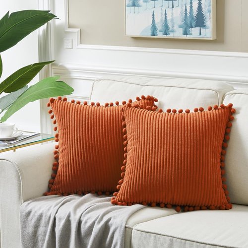 Fancy Homi Pack of 2 Burnt Orange Decorative Throw Pillow Covers 18x18 Inch with Pom-poms for Couch Bed Living Room Bedroom, Soft Corduroy Solid Square Cushion Case 45x45 cm, Boho Fall Home Decor