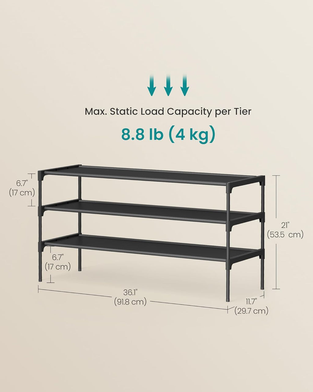 SONGMICS 3-Tier Shoe Rack - Space-Saving Organizer with Metal Frame & Non-Woven Fabric Shelves | Ink Black, 11.7 x 36.1 x 21 Inches