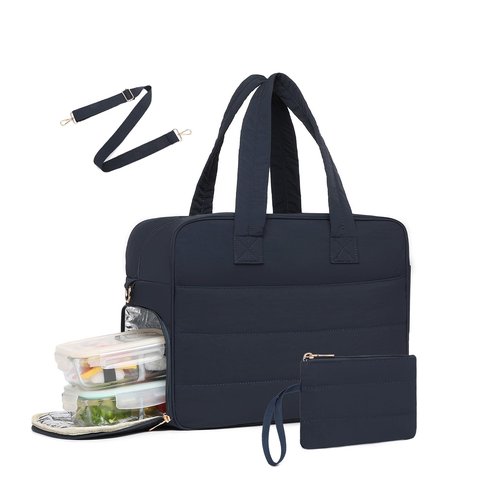 Lunch Tote Bag for Women Work, 17.3 Inch Laptop Purse with Insulated Lunch Compartment Coin Wallet for Meal, Large Puffy Quilted Travel Duffle Bag Blue