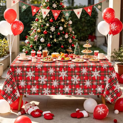 TJYJOY 4 Pack Christmas Tablecloths Red Green Plaid Snowflake Holiday Party Decor 51x86 Inch