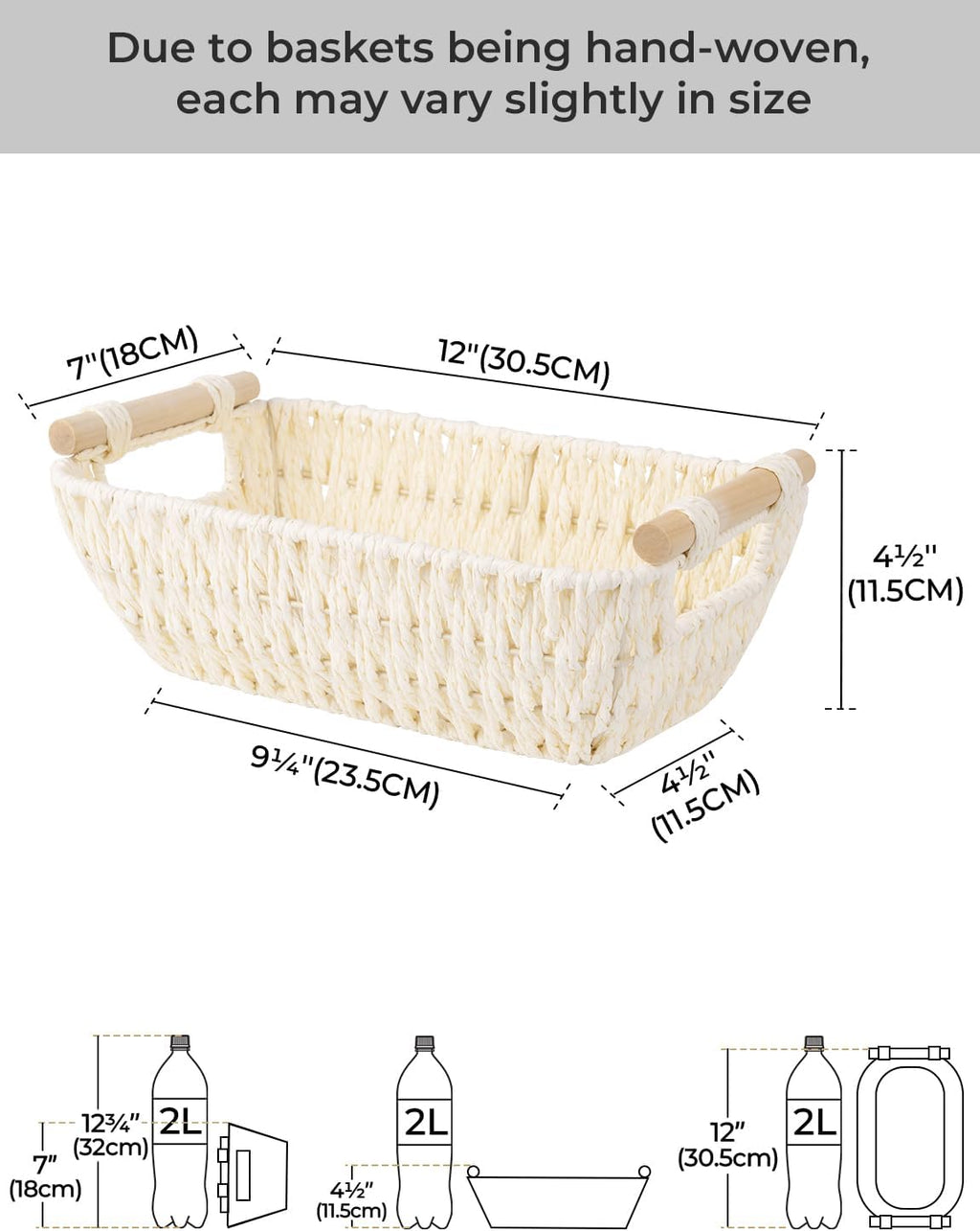 StorageWorks Round Woven Paper Rope Basket - Wooden Handles, Beige | Small 2-Pack for Gifts & Organization
