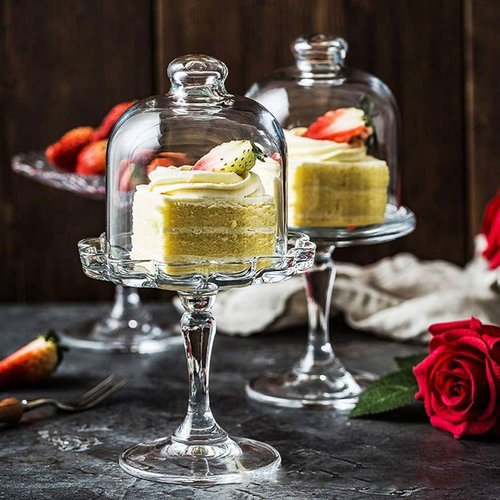 Decoret Mini Cake Stand Glass Cupcake Display Plate with Dome Cover Pedestal Dessert Stand Holder for Wedding Birthday Party Supplies (Flower)