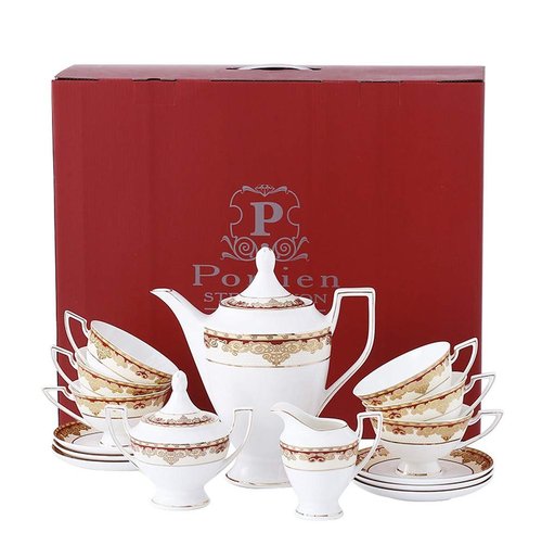 Porlien Exquisite Bone China 17-piece Tea Set for 6, Porcelain Tea Set with Teapot, Red Pattern Trimmed with Gold