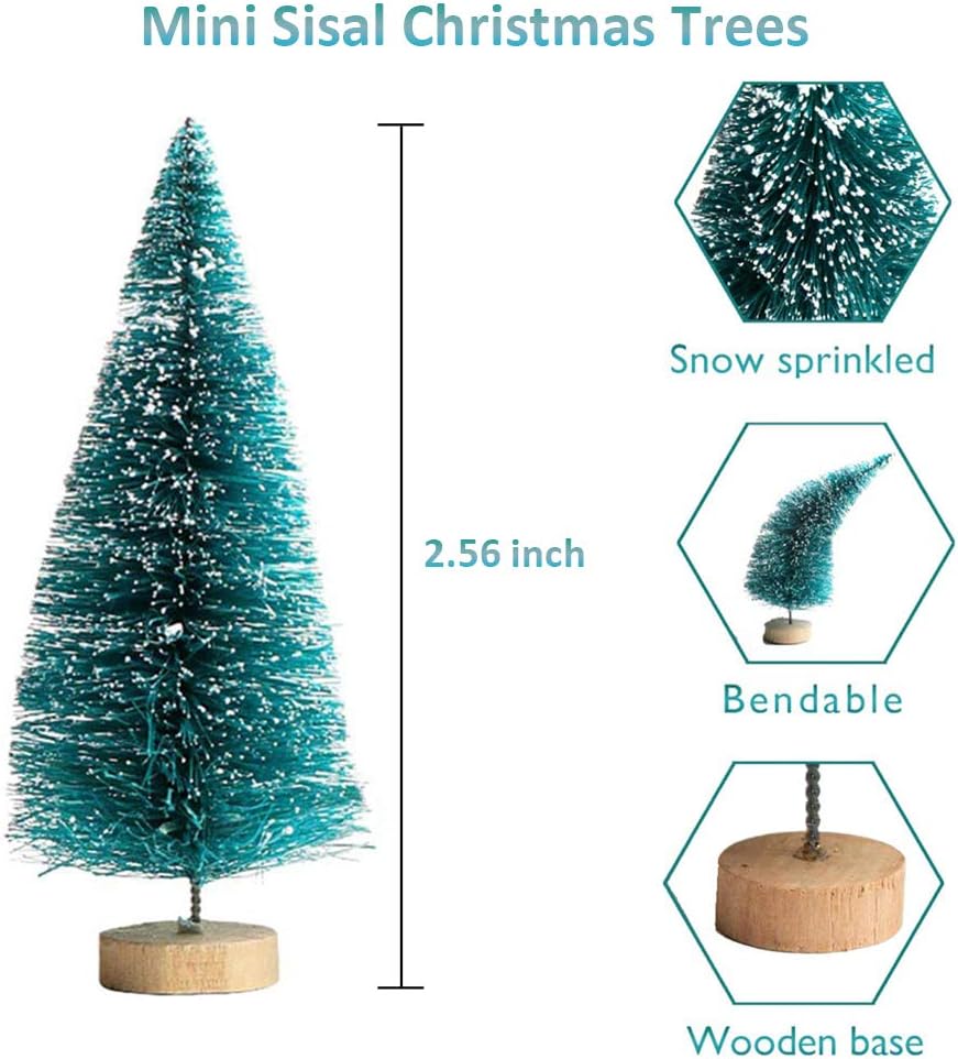 Skiennix Artificial Mini Sisal Christmas Trees - Snow Frosted with Wooden Bases | 20 Pcs in Blue-Green