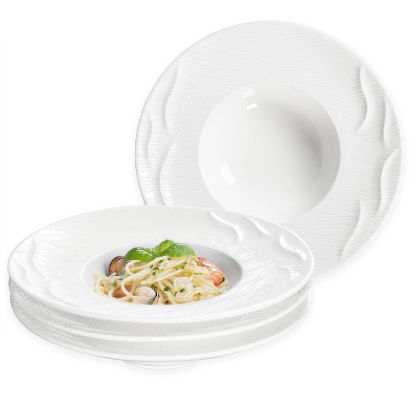 dingdaer Ceramics Rimmed Soup bowls Set of 4, Embossed Wide Rim Small Mouth Pasta Plates 10.2 OZ/300 ml, Microwave Dishwasher Safe, for high end restaurants and best choice for gourmets, 9.45 Inch