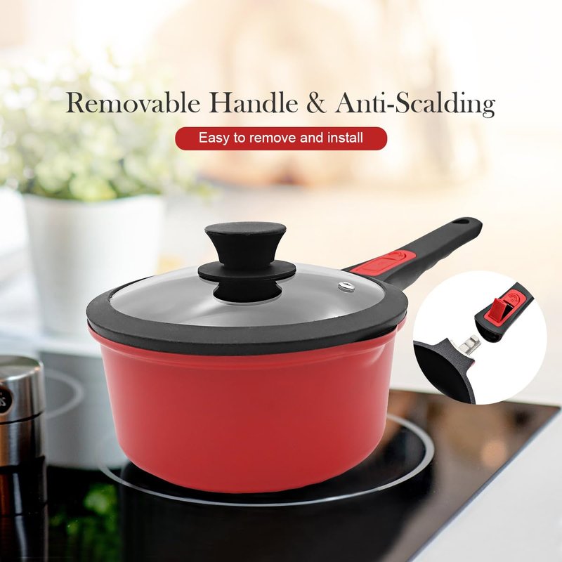 Bobikuke 2 Qt Saucepan with Lid, Non Stick Sauce Pan with Lid, Milk Pot & Sauce Pot & Small Saucepan with Pour Spout, Detachable Handle Milk Pan, Mini Cooking Pot Induction Compatible, Oven Safe