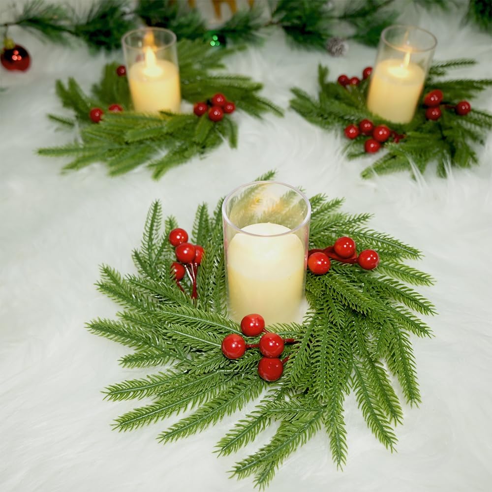 Skiennix Christmas Candle Rings - Artificial Norfolk Pine & Red Berry Wreaths | 3-Piece Set for Home Decor