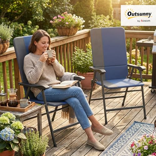 Padded Folding Patio Chairs, High Back Outdoor Lawn Chair Set of 2, Blue