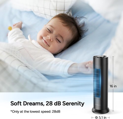 DR.PREPARE Bladeless Tower Fan - 28 dB Quiet Operation, 3 Speeds, 80° Oscillation, 16 Inch Portable Design - Black