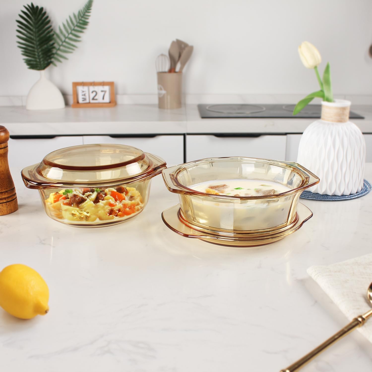 Regine Switzerland Glass Casserole Dish - 27oz Round Baking Dish with Lid & Handles | Oven Safe Cookware