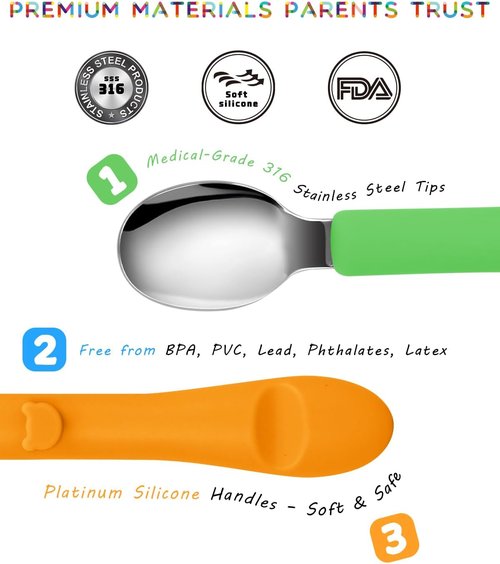 Bakpoco Toddler Utensils Set - 6PCS 316 Stainless Steel Forks & Spoons with Silicone Handles | BPA-Free, Dishwasher Safe, Bright Colors