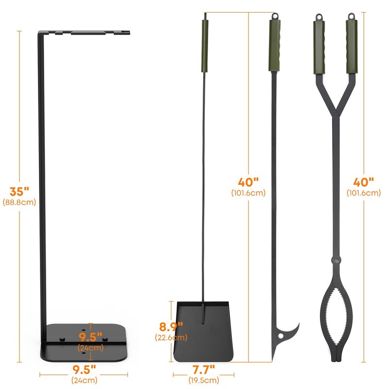 Stanbroil 3Pcs Fire Pit Tools Set, 28" Fire Poker and Fire Log Tongs Shovel, Wrought Iron Large Fireplace Tools Set with Metal Base and Rubber Handle for Campfire Bonfire