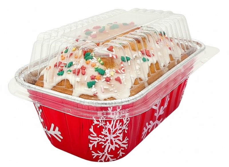 PACTOGO Disposable 1 lb. Red Holiday Christmas Aluminum Foil Small Mini Loaf/Bread Baking Pans with Clear Dome Lids (Pack of 12 Sets)