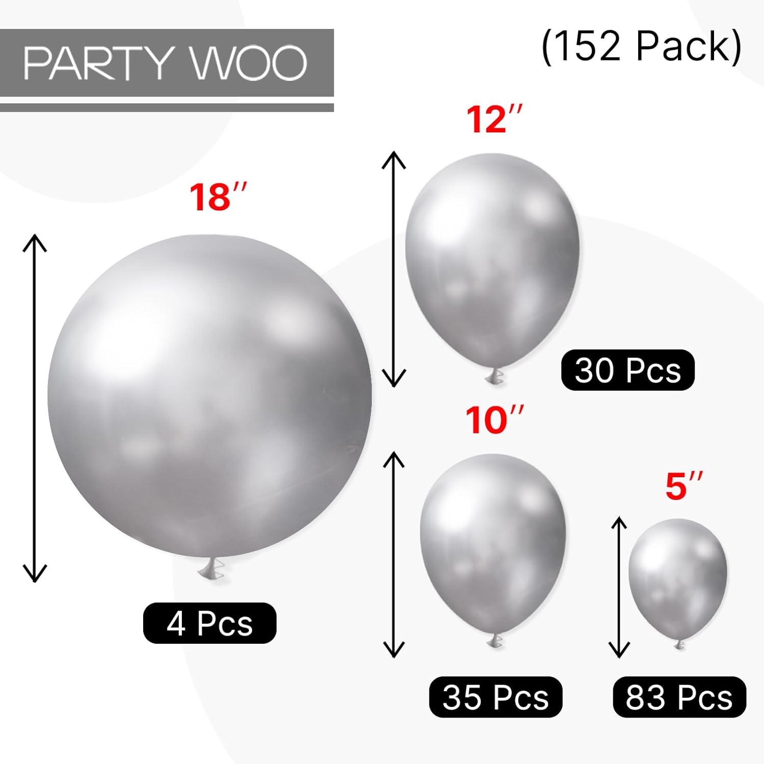 PartyWoo Silver Balloon Arch Kit - 152 Pcs in Various Sizes for Birthday, Graduation & Weddings | Silver-G102