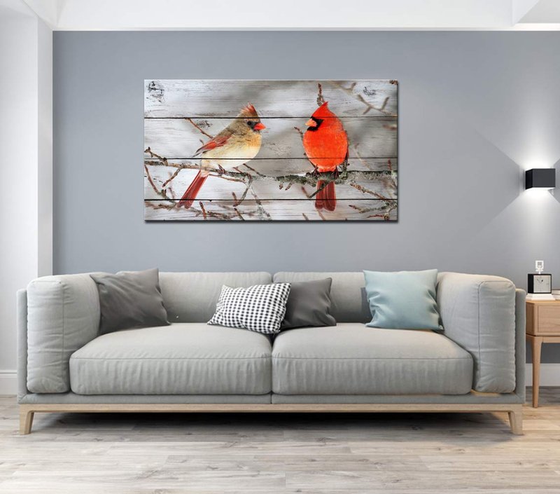 LevvArts - Modern Canvas Wall Decor Northern Cardinals on Tree Pictures Red Birds Painting for Home Living Room Decor Winter Scene Artwork Framed Ready to Hang,20x36inches