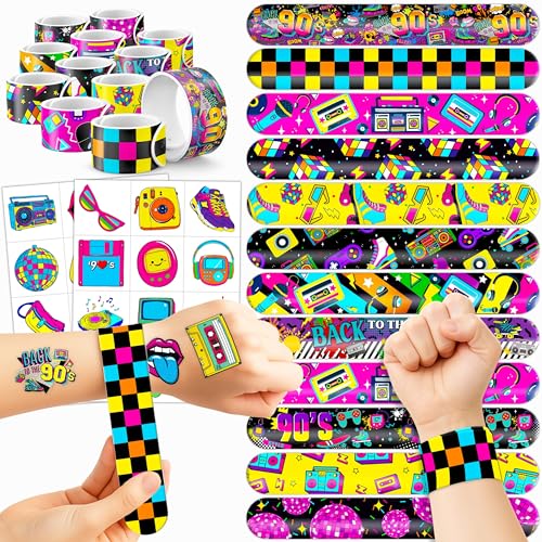 72-Piece 80s and 90s Retro Party Favor Set with Slap Bracelets and Tattoos