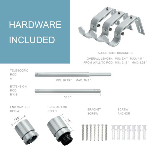 Byondeth Curtain Rods - Adjustable 16 to 144 Inches | 1 Inch Diameter with Aluminum End Cap, Silver Gray