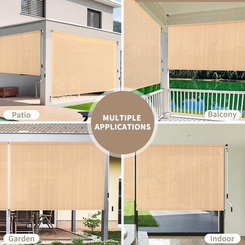 HIDODO Outdoor Roller Shade 8' W x 6' L Cordless Patio Shades Roll Up Outdoors Blinds with UV Protection, Exterior Roller Shades Cloth for Porch Pergola, Beige