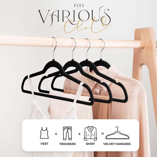 HOUSE DAY Black Velvet Hangers - 60 Pack Premium Non-Slip Clothes Hangers with Adjustable Clips