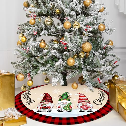 48-Inch Buffalo Plaid Christmas Tree Skirt with Gnome Decorations