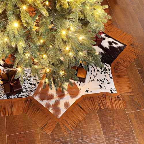 Stylish Shappy Western Cow Christmas Tree Skirt 48 Inch Holiday Decor with Tassels