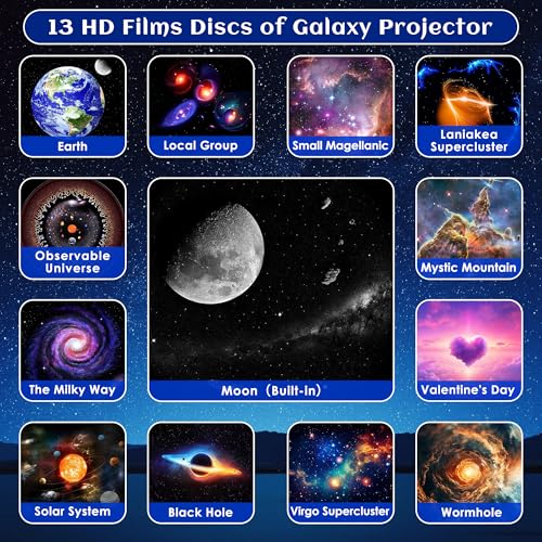 Galaxy Star Projector with 13 HD Film Discs, White Noise & Bluetooth