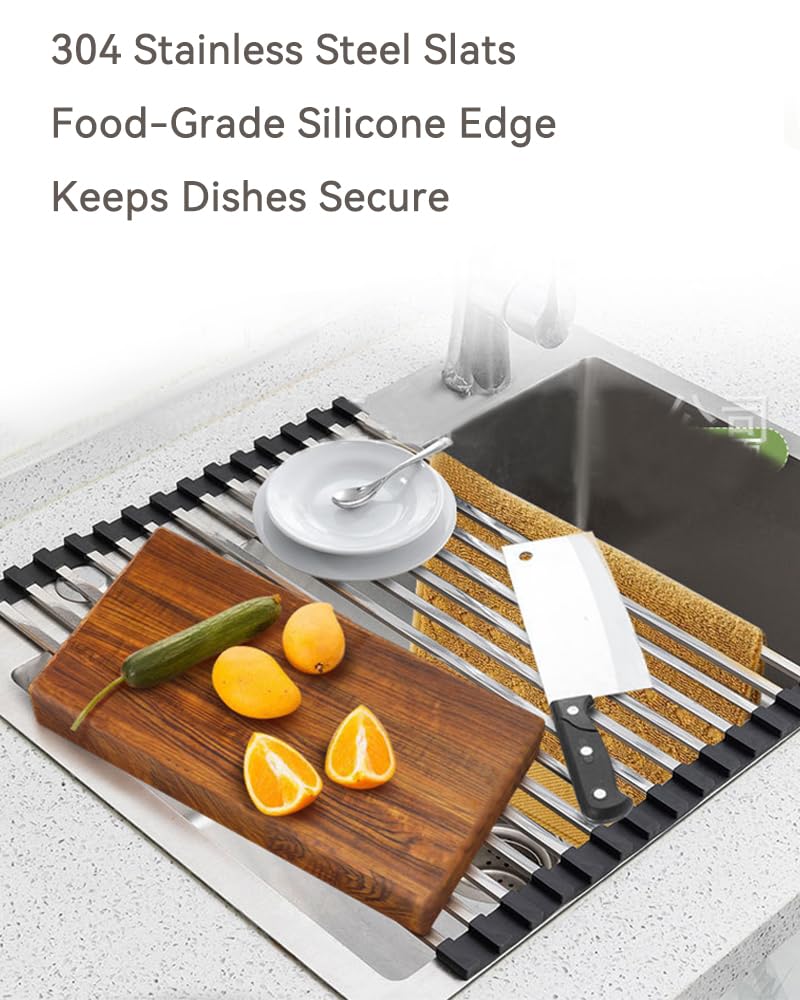 Hemompito 17.72" Dish Drying Rack Over The Sink, 304 Stainless Steel, Non-Slip Silicone Edges & Quick Drainage, Folding Space-Saving for Home & RV Kitchen, Dish Drainer, Cooling Rack & Sink Cover