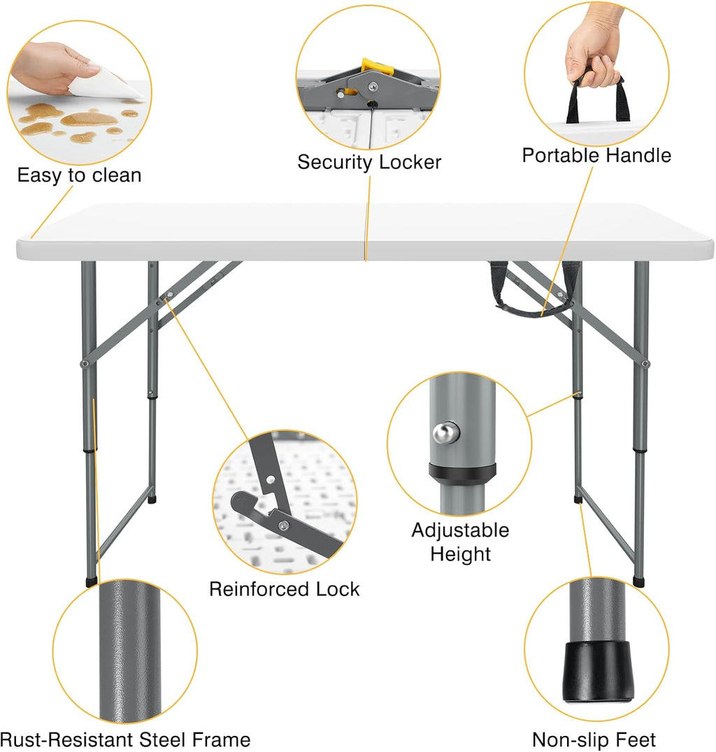 SKOK Folding Picnic Table - Adjustable Height 4/6/8 Foot Portable Plastic Table with Handle | Heavy-Duty Utility for Events