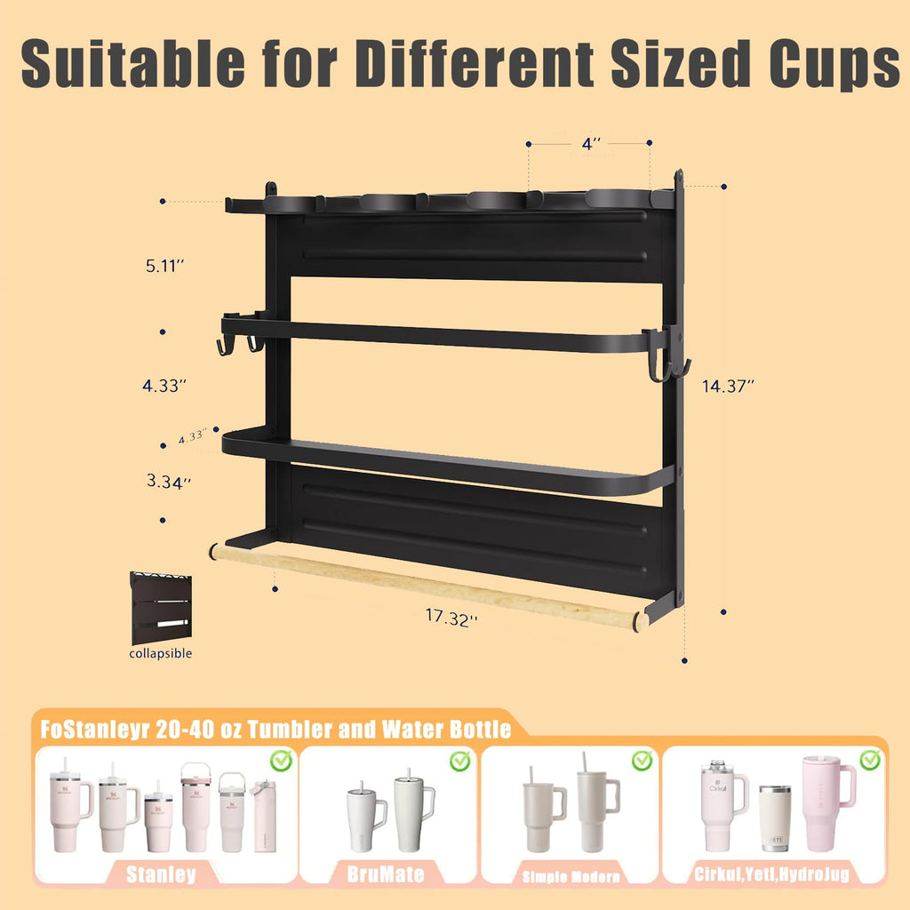 Magnetic Stanley Cup Holder for Fridge, Triple Folding 4 Cup Stanley Cup Holder Magnetic, Magnetic Water Bottle Holder with 2 Strong Double Sided Tape, Magnetic Cup Holder with Hook Fits 40 oz Mugs